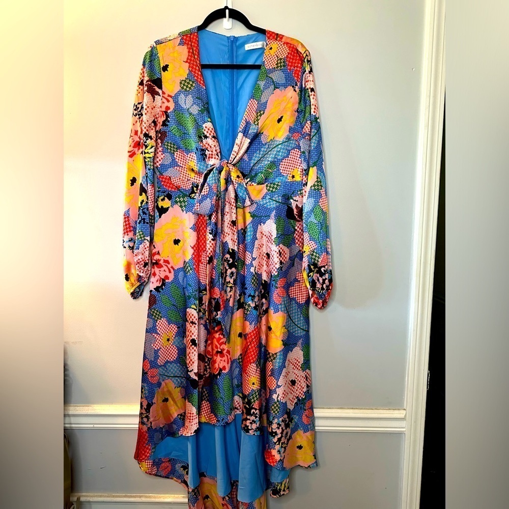 ESTER & CO HIGH LOW FLORAL MULTI COLOR LONG SLEEVE TIE FRONT DRESS 3XL